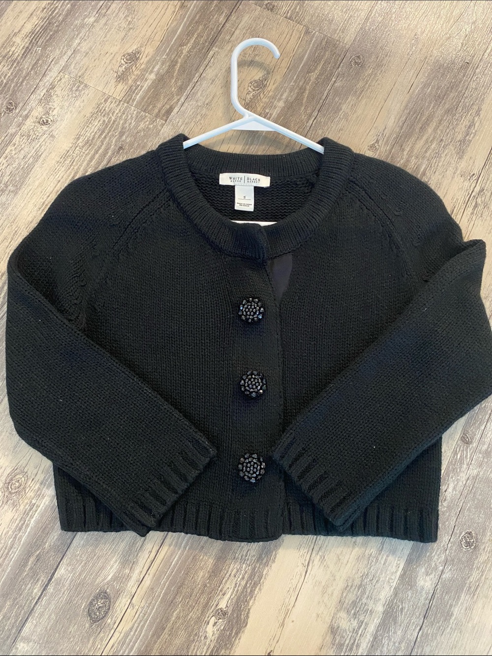 White House Black House Crop Black Cardigan Beaded Statement Buttons Size SMALL